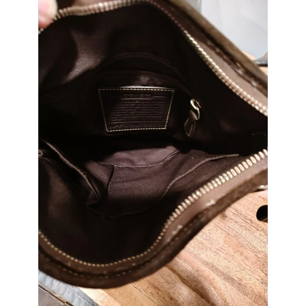 Coach Brown Signature Logo Shoulder Bag with Leather Trim, Buckle, Zip, Dust Bag